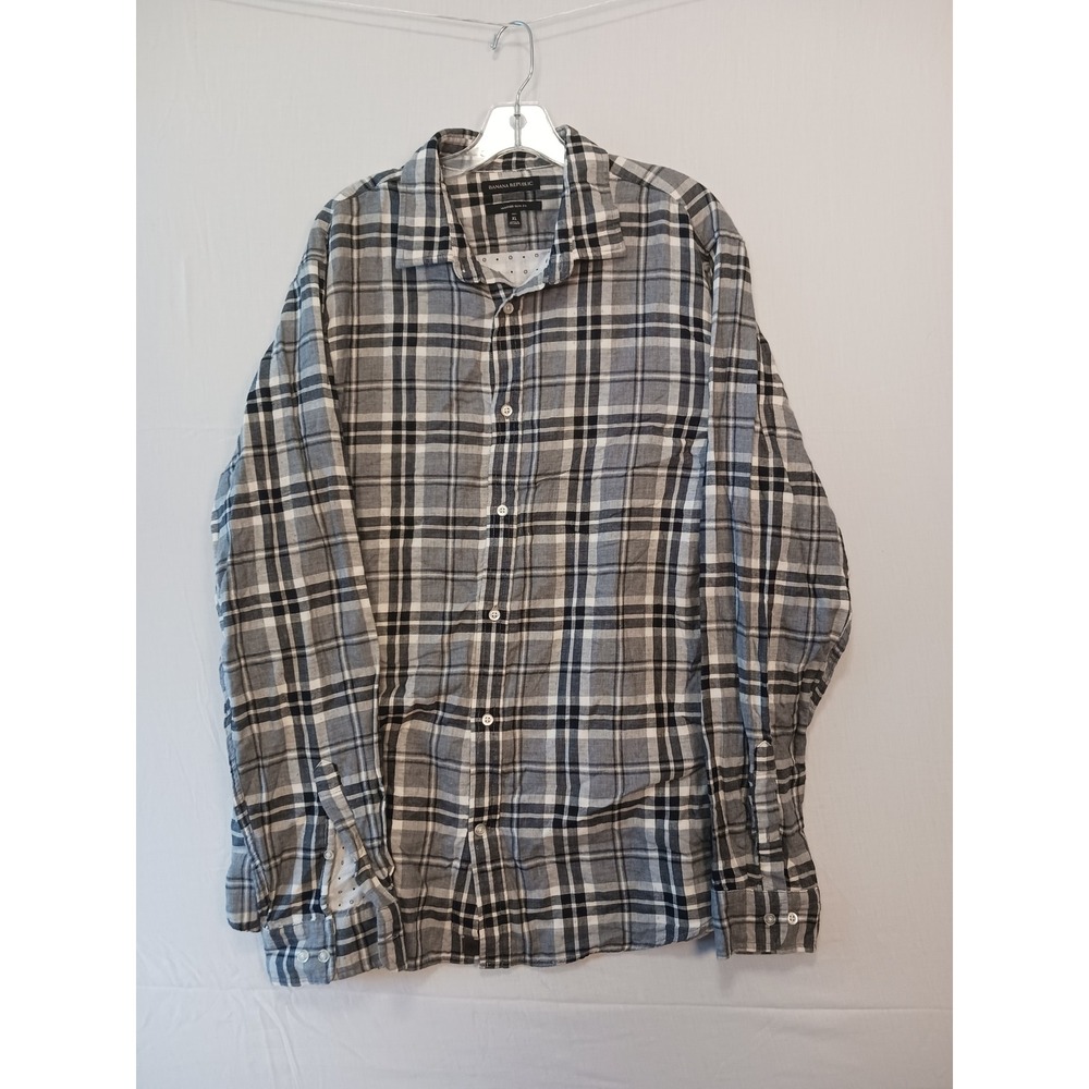 Banana Republic Mens XL Tall Grant Slim Fit Plaid‎ Button Down Shirt Grey Black